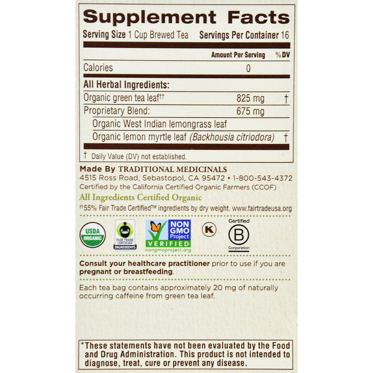 Traditional Medicinals Organic Golden Green Tea - 16 Tea Bags - Case of 6