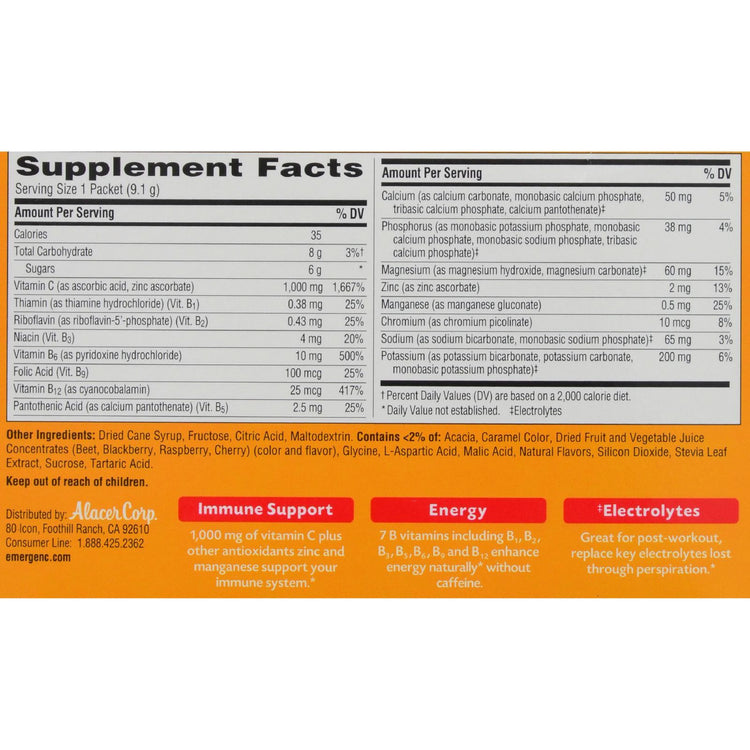 Alacer - Emergen-C Vitamin C Fizzy Drink Mix Raspberry - 1000 mg - 30 Packets