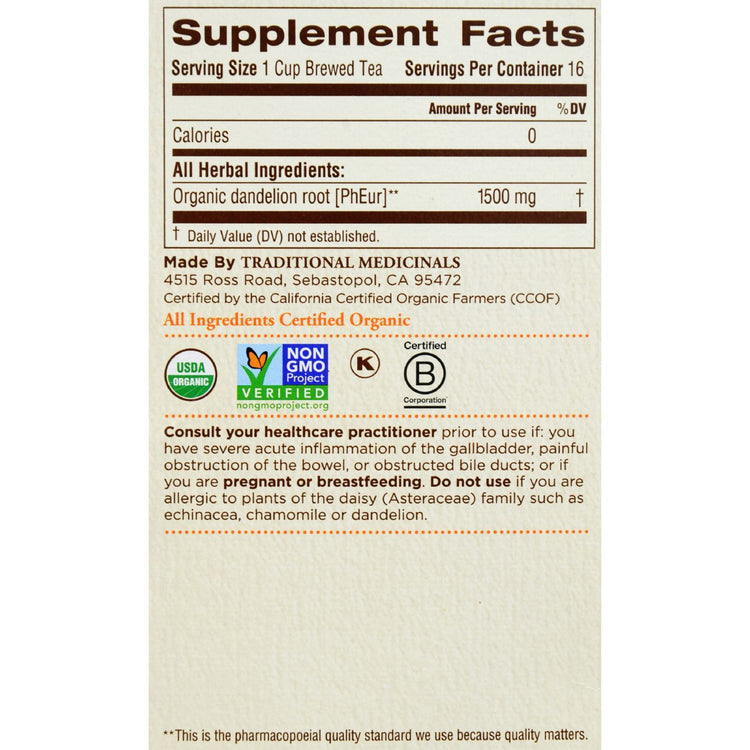 Traditional Medicinals Organic Roasted Dandelion Root Herbal Tea - 16 Tea Bags - Case of 6