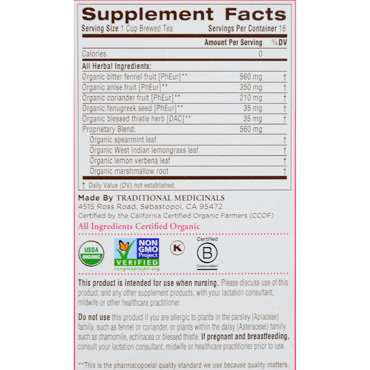 Traditional Medicinals Organic Mother's Milk Herbal Tea - 16 Tea Bags - Case of 6