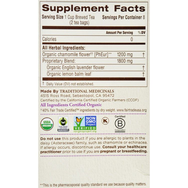 Traditional Medicinals Organic Chamomile with Lavender Herbal Tea - Caffeine Free - Case of 6 - 16 Bags