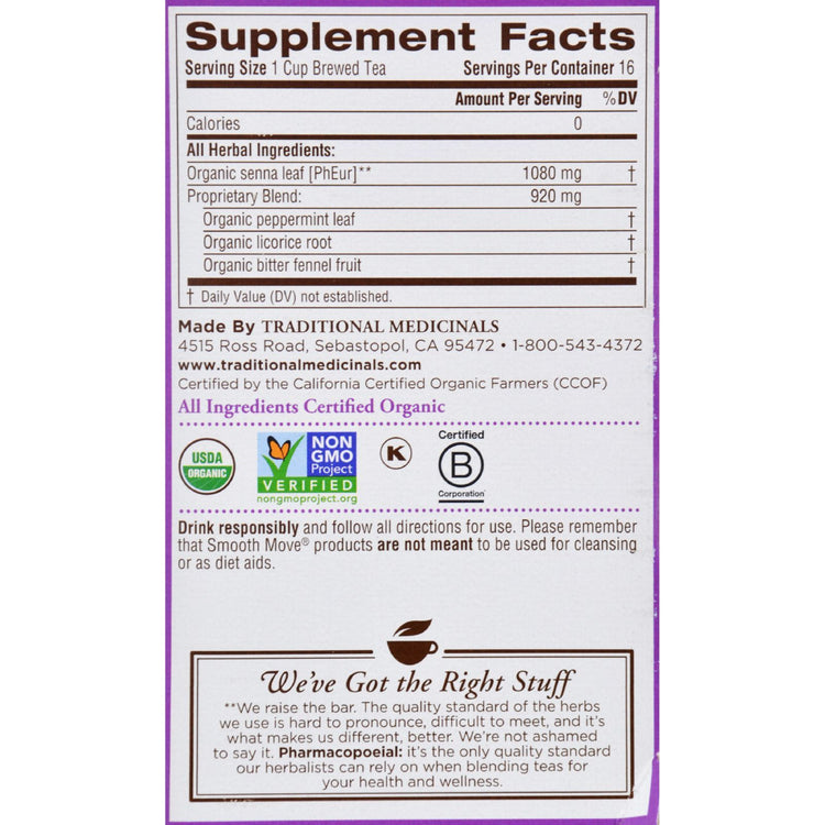 Traditional Medicinals Organic Smooth Move Peppermint Herbal Tea - 16 Tea Bags - Case of 6