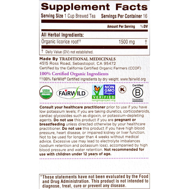 Traditional Medicinals Organic Licorice Root Herbal Tea - 16 Tea Bags - Case of 6
