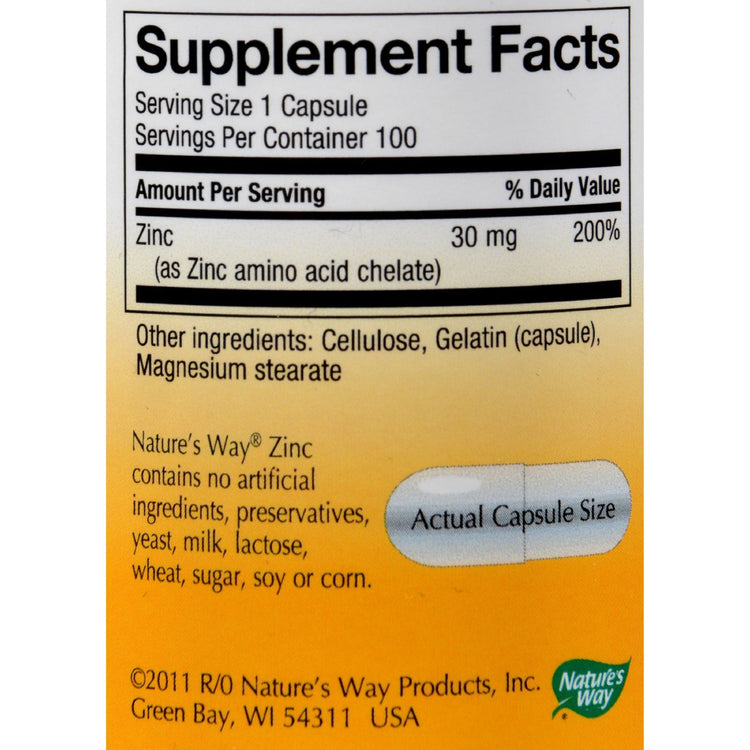 Nature's Way - Zinc Chelate - 30 mg - 100 Capsules