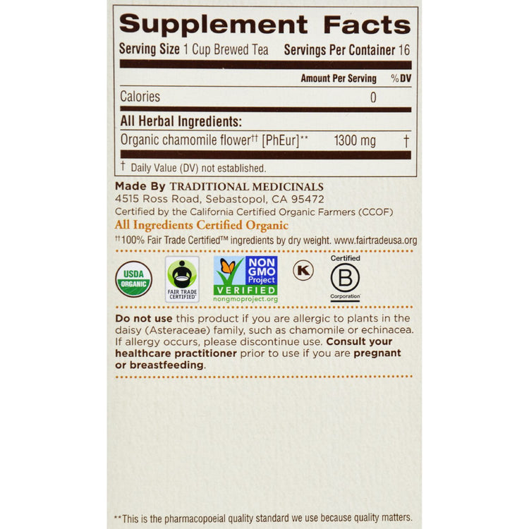 Traditional Medicinals Organic Chamomile Herbal Tea - Caffeine Free - Case of 6 - 16 Bags