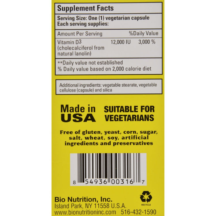 Bio Nutrition - Vitamin D-3 - 12000 IU - 50 Vegetarian Capsules