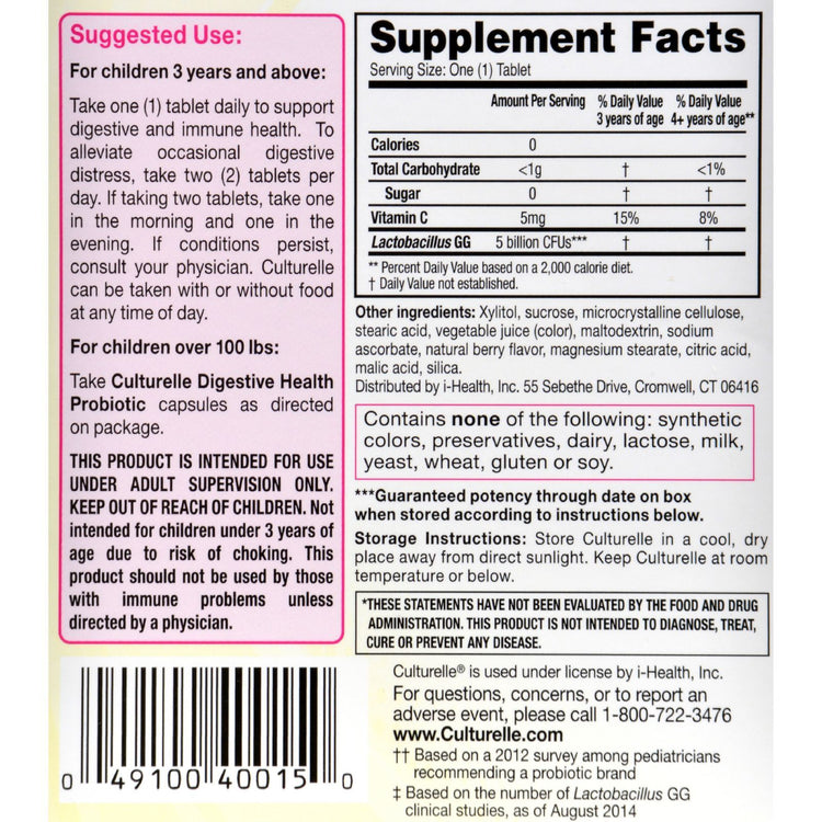 Culturelle - Kids Chewables Probiotic Natural Bursting Berry - 30 Chewable Tablets
