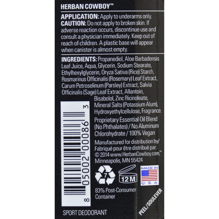 Herban Cowboy Deodorant - Sport Maximum Protection - 2.8 oz