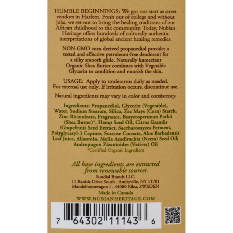 Nubian Heritage Deodorant - All Natural - 24 Hour - Indian Hemp and Haitian Vetiver - with Neem Oil - 2.25 oz