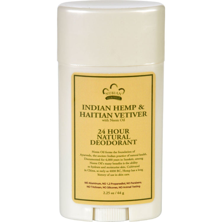 Nubian Heritage Deodorant - All Natural - 24 Hour - Indian Hemp and Haitian Vetiver - with Neem Oil - 2.25 oz