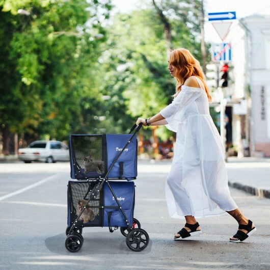 4-in-1 Double Pet Stroller with Detachable Carrier and Travel Carriage-Blue - Color: Blue