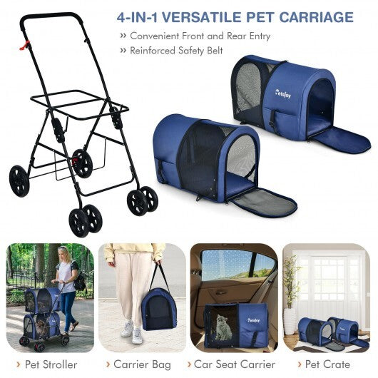 4-in-1 Double Pet Stroller with Detachable Carrier and Travel Carriage-Blue - Color: Blue