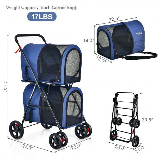 4-in-1 Double Pet Stroller with Detachable Carrier and Travel Carriage-Blue - Color: Blue
