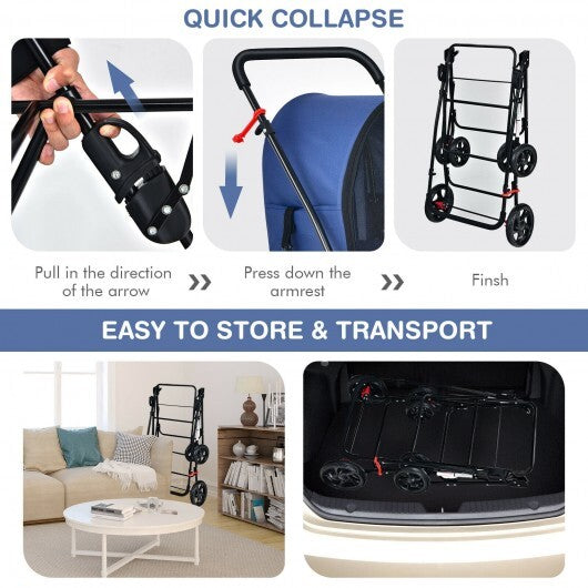 4-in-1 Double Pet Stroller with Detachable Carrier and Travel Carriage-Blue - Color: Blue