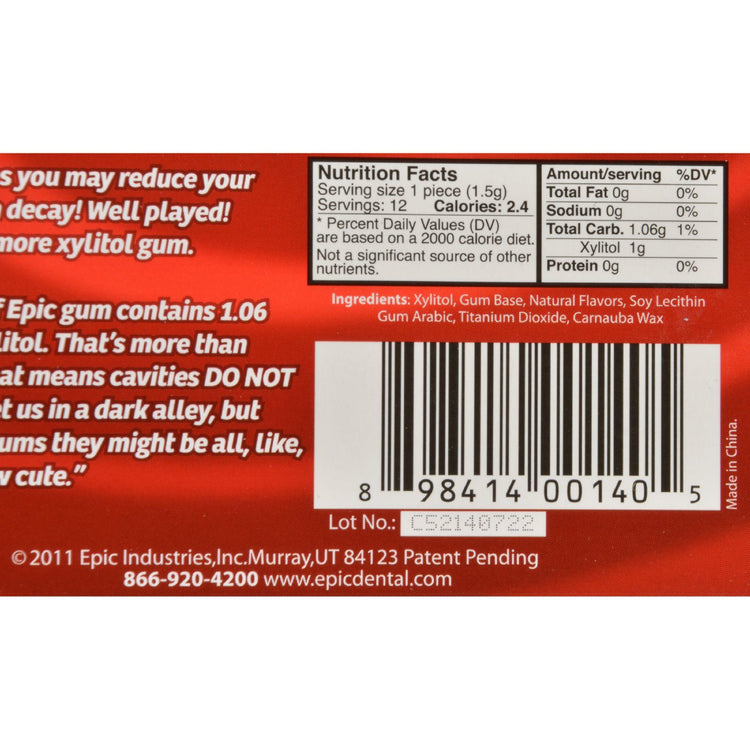 Epic Dental - Xylitol Gum - Cinnamon - Case of 12 - 12 Pack