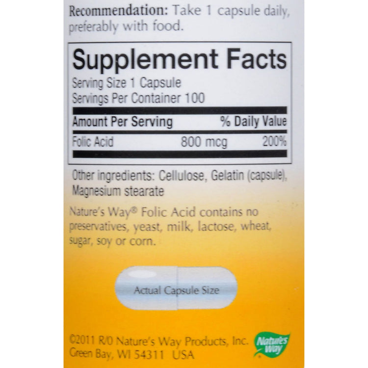 Nature's Way - Folic Acid - 800 mcg - 100 Capsules