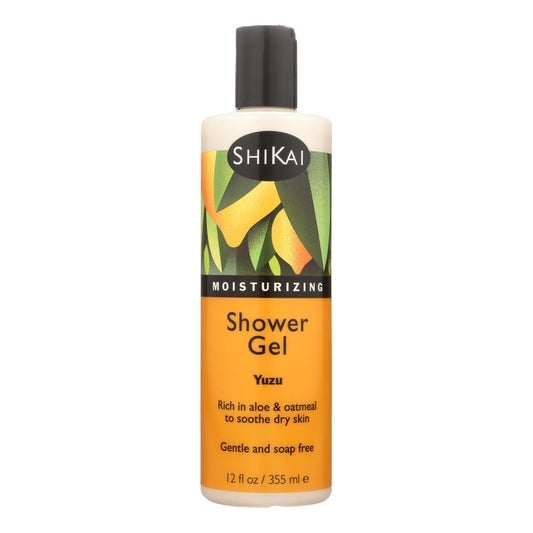 Shikai Yuzu Shower Gel 12 oz, moisturizing with aloe and oatmeal, cruelty-free, gentle for dry skin.