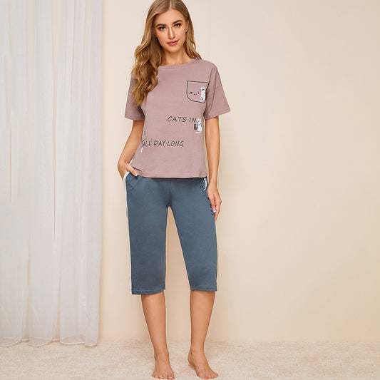 Cat & Letter Print Pajama Set