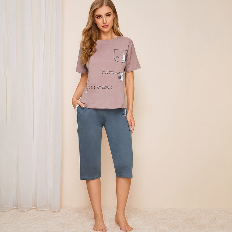 Cat & Letter Print Pajama Set
