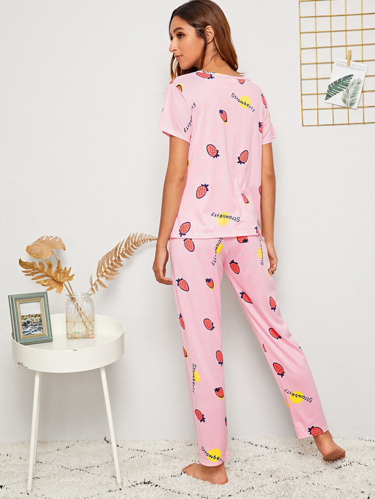 Strawberry Print Striped PJ Set With Eye Mask