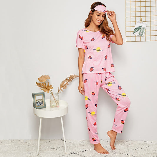 Strawberry Print Striped PJ Set With Eye Mask