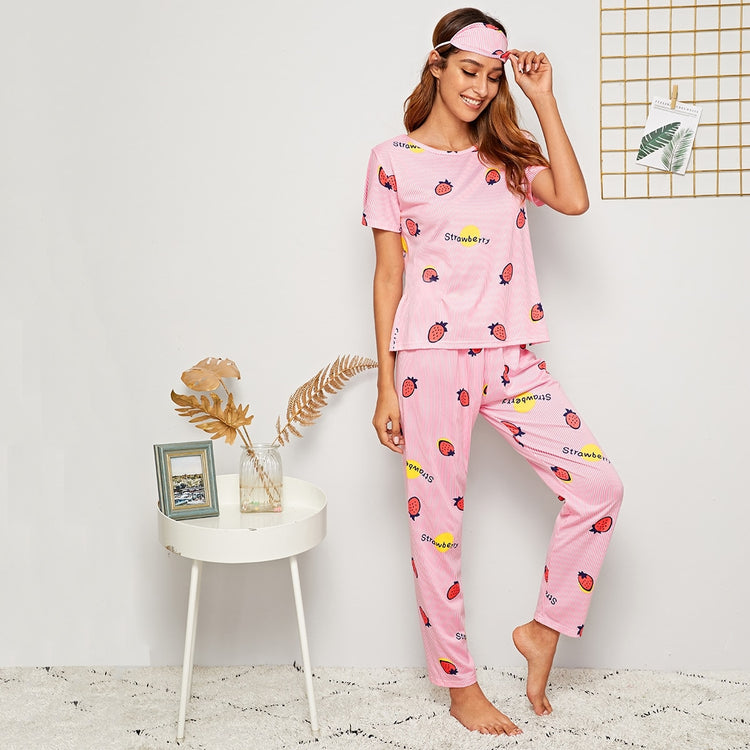 Strawberry Print Striped PJ Set With Eye Mask