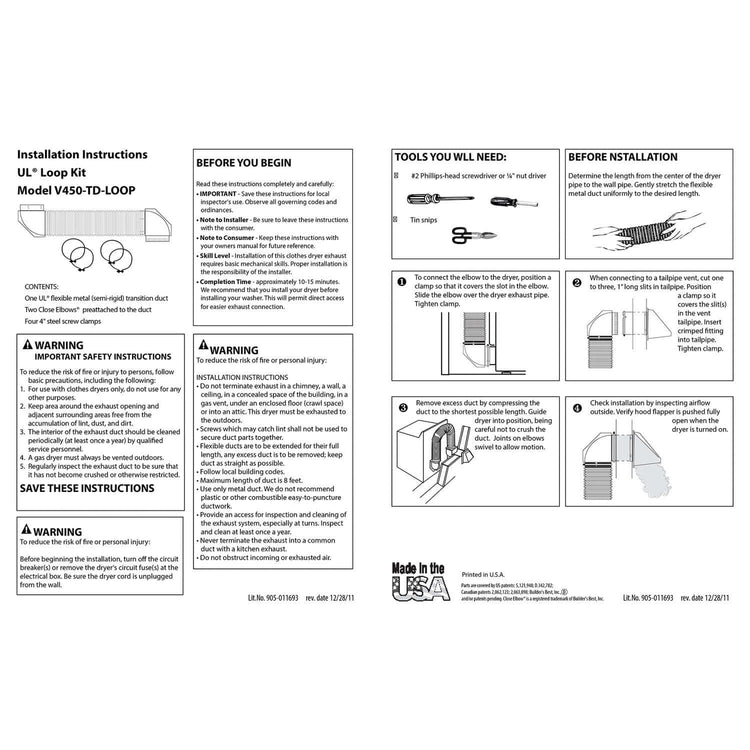 Builder's Best 111926 Saf-T-Duct UL Transition Duct Close Loop Kit