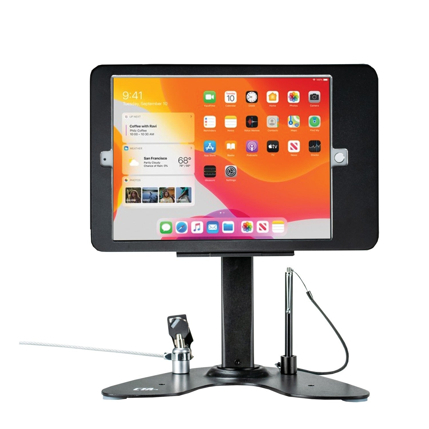 CTA Digital Dual Security Kiosk Stand for 10.2-inch iPad with locking case, stylus holder, and cable management.