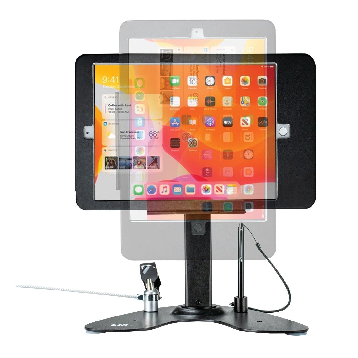 CTA Digital dual security kiosk stand with rotating case for 10.2-inch iPad, featuring cable management and stylus holder.