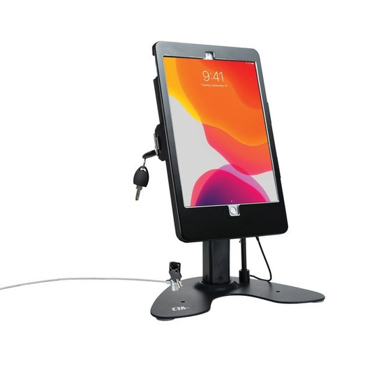 CTA Digital PAD-ASKB10 Dual Security Kiosk Stand with Locking Case for 10.2-Inch iPad, tiltable and rotatable for versatility.