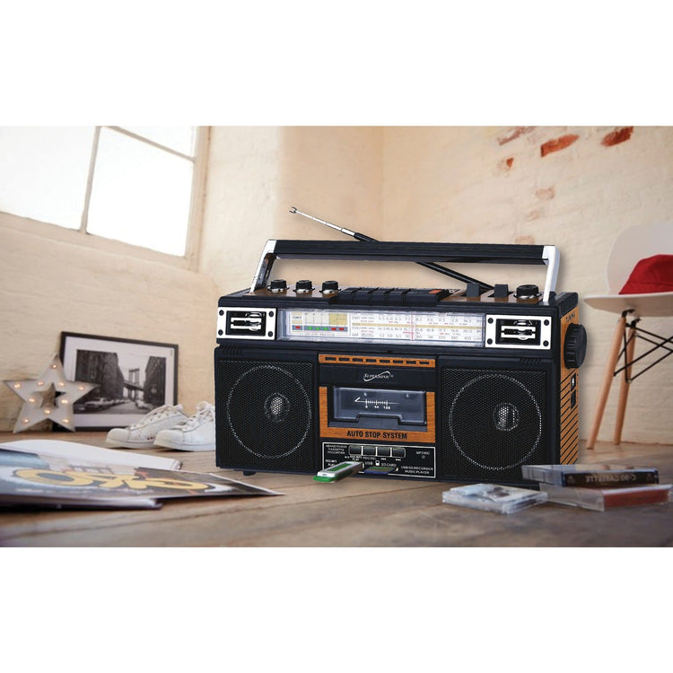 Supersonic SC-3201BT-WD Retro 4-Band Radio and Cassette Player with Bluetooth (Wood)